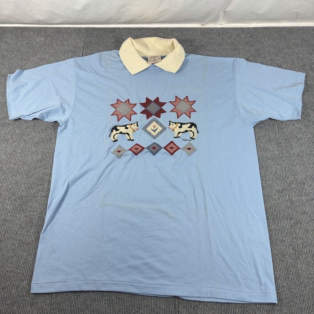 VTG Valorie's Folk Art Applique Shirt XL Light Blue Cow Quilt Design